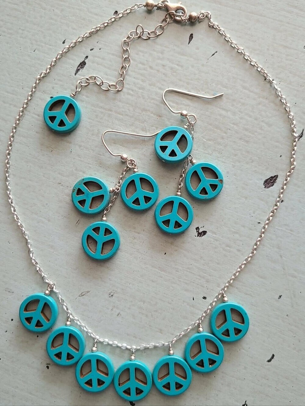 Turquoise Peace Sign Necklace & Earrings Set - Women Jewelry